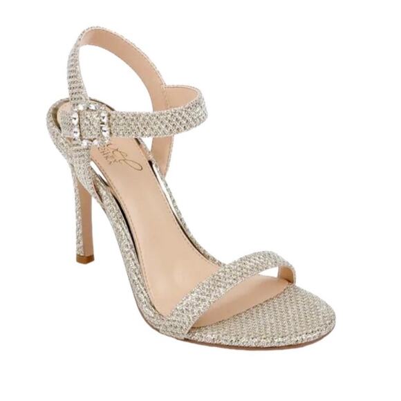 JEWEL BADGLEY MISCHKA ARLINA GLITTER HEELED SANDALS IN GOLD‎ NWOB WOMEN'S SIZE 9 - Picture 1 of 14